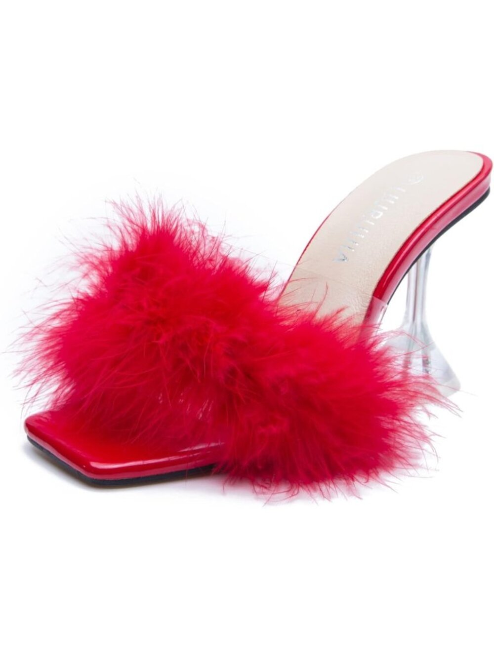 Feather High Heeled Mules | Slip-On Sandals | Square Toe Bridal Party Shoes